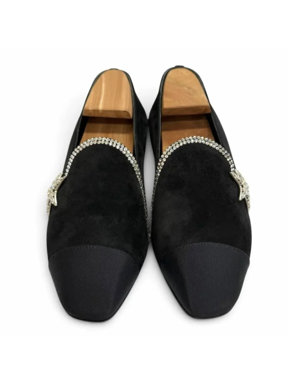 Chanel Star Bijou Rhinestone Suede Leather Flat Shoes Pumps Black